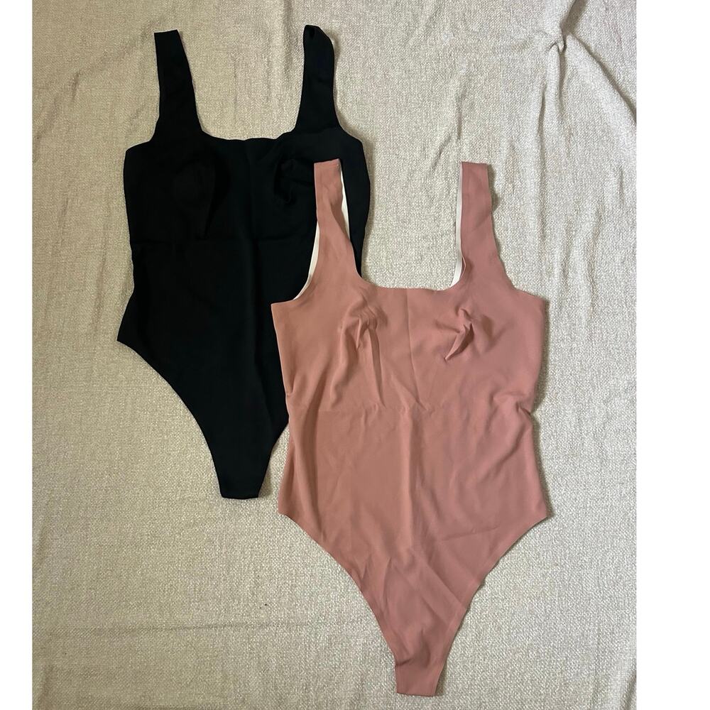 pink and black square neck tank top bodysuit